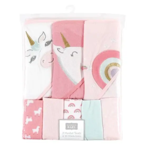 Hudson Baby Infant Girl Animal Hooded Towel 3pk and 15 Washcloths, Unicorn, One Size image {1}