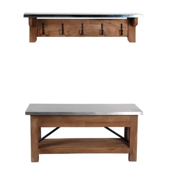 Millwork Bench with Coat Hook Shelf Wood and Zinc Metal Silver/Light Amber - Alaterre Furniture image {1}