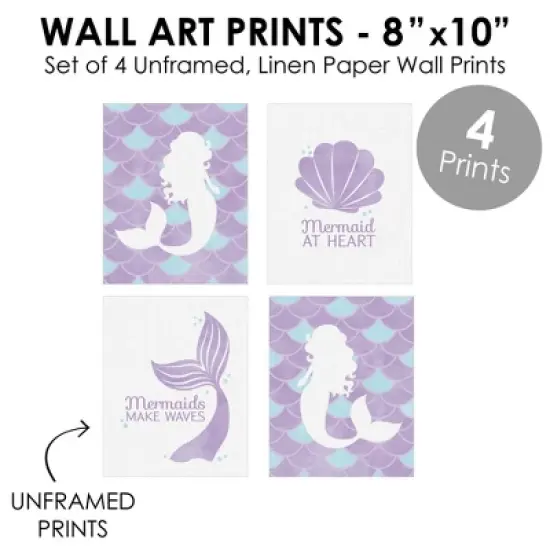 Big Dot of Happiness Let's Be Mermaids - Unframed Purple & Teal Mermaid Tail Nursery or Kids Room Linen Paper Wall Art Set of 4 Artisms 8 x 10 inches image {3}