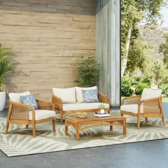 4 Piece Wood Garden Furniture Set,Outdoor Patio Furniture Conversation Set with Cushion,2 Patio Chairs and Loveseat with Coffee Table-Coolbibila image {7}