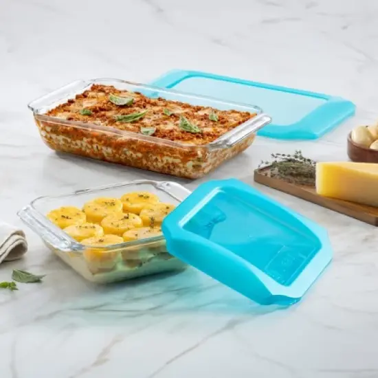 Libbey Baker&rsquo;s Premium 5 Piece Glass Bakeware Set, Includes 10x14, 9x13 with Lid, and 8x8 with Lid, Stackable with GreatGrip&trade; Handles image {1}