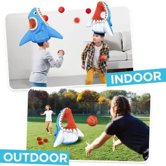 iPlay, iLearn Pool Wave Kids Shark Pool Toy, 3-in-1 Inflatable Float Water Game Basketball Football Head Hoop Toss image {2}