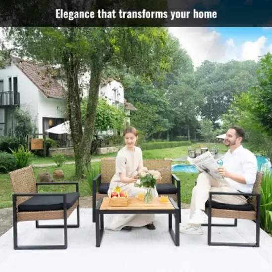 Aukfa Modern Weave 4-Piece Outdoor Patio Conversation Set with Cushions and Wood-Top Coffee Table - Noir Garden Sofa & Chair Set image {9}