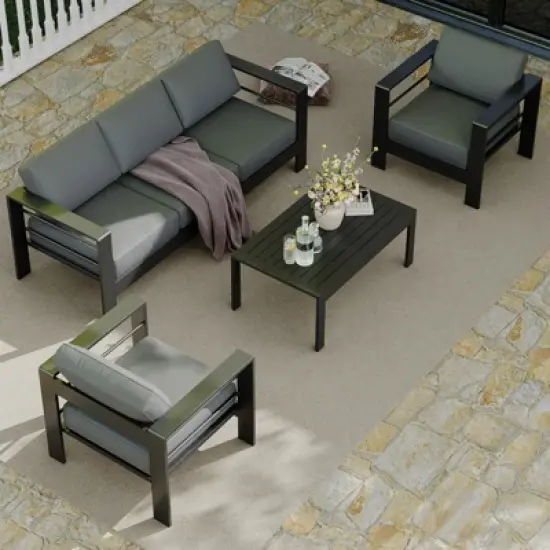 5 Seats Aluminum Patio Furniture Set, 4 PCS Outdoor Sectional Conversation Set with 4" Wide Armrest, Backyard Sectional Sofa Set with Coffee Table image {7}