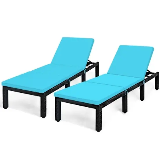Tangkula 2PCS Adjustable Rattan Patio Chaise Lounge Chair Couch w/ Turquoise Cushion image {2}