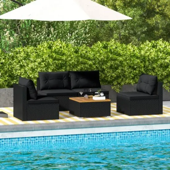 Costway 5 Piece Outdoor Furniture Set with Seat & Back Cushions Acacia Wood Tabletop Blue/Black image {1}