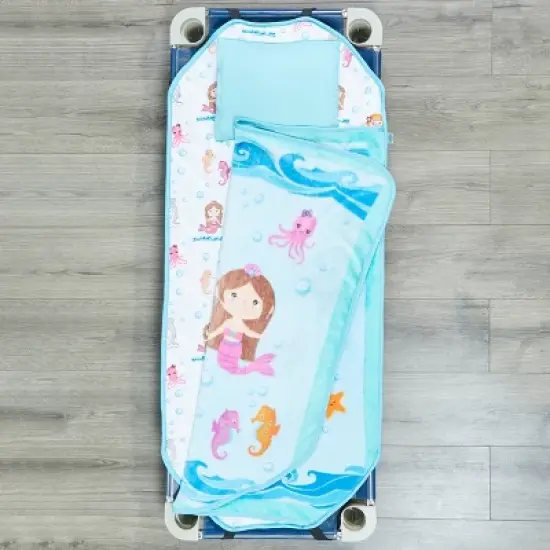 EVERYDAY KIDS Mermaid Toddler Cot Nap Mat for Home, Daycare, Preschool ; Easy to Roll Sleeping Mat with Elastic Straps, Pillow and Blanket image {4}