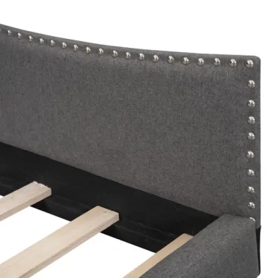 Twin/Full Size Upholstered Daybed with Headboard, Armrest and Support Legs, Grey/Beige-ModernLuxe image {7}