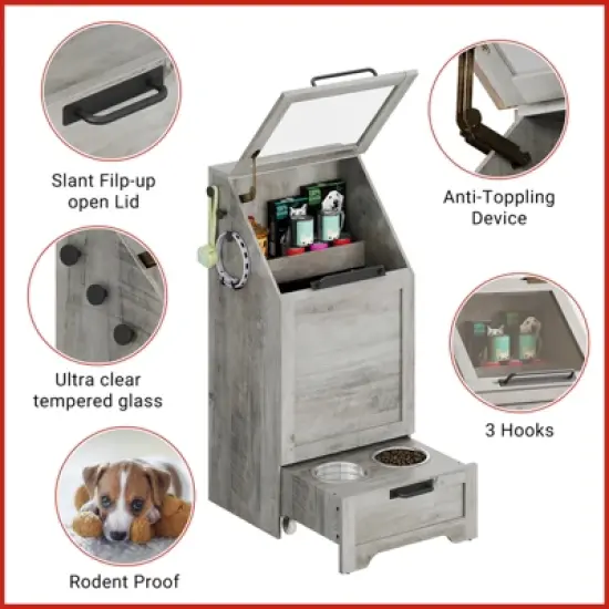 Top Opening Dog Feeding Station, Wooden Dog Food Storage Cabinet with 2 Elevated Dog Bowls, 3 Hooks, Hidden Design, Large Pet Food Storage image {2}