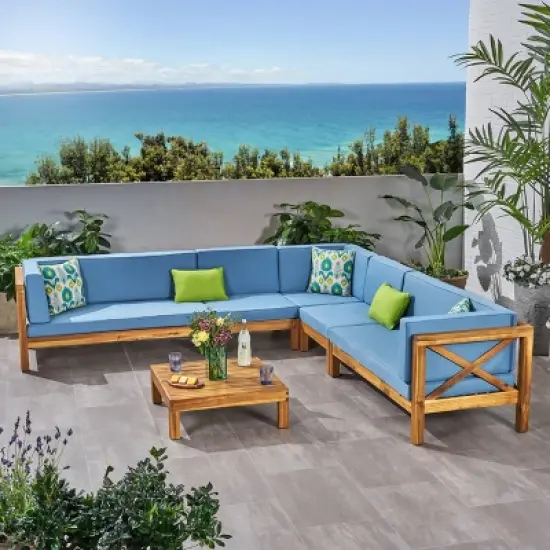 Brava 6pc Acacia Wood Sectional Patio Seating Set - Christopher Knight Home image {8}