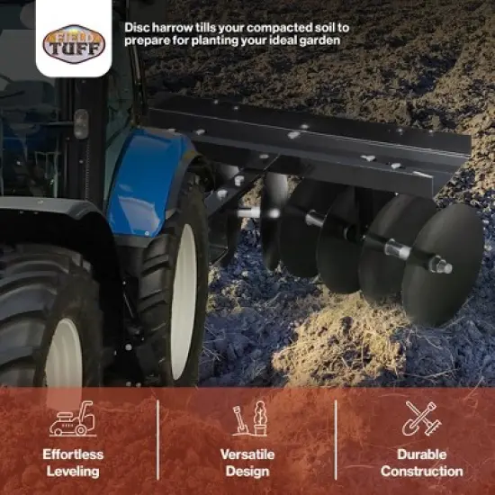 Field Tuff Steel Tow Behind Sleeve Hitch Garden Cultivator Soil Tiller Disc Harrow Tractor Attachment with 39 Inch Working Width, 11 Inch Discs, Black image {2}