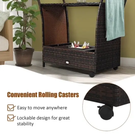 Costway Patio Rattan Bar Serving Cart Wheels Ice Bucket Glass Top Handle Garden image {7}