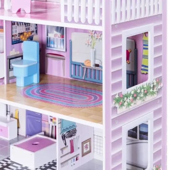 Costway 28'' Pink Dollhouse w/ Furniture Gliding Elevator Rooms 3 Levels Young Girls Toy image {8}
