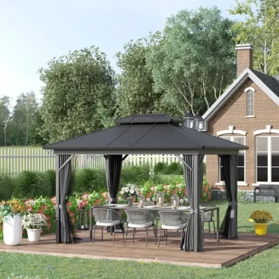 Outsunny 10' x 12' Metal Hardtop Gazebo with Mesh Sidewalls & Curtains, Double Roof Pavilion for Patio, Backyard, Deck, Porch, Gray image {2}