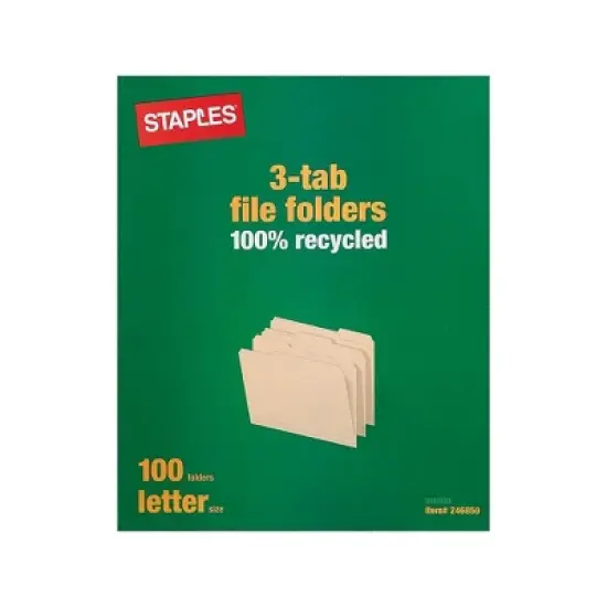 Staples 100% Recycled Manila File Folders Letter 3-Tab 100/Box (246850) TR246850-CC image {1}