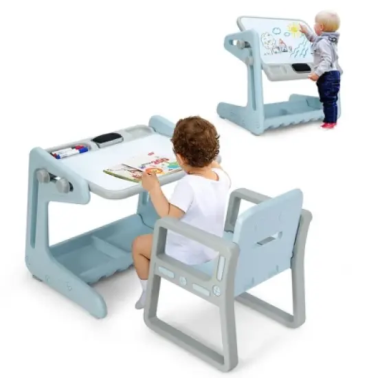 Costway 2 in 1 Kids Easel Table & Chair Set Adjustable Art Painting Board Gray/Blue/Light Pink image {10}