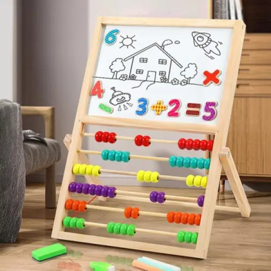 2-in-1 Kids Wooden Art Easel with Abacus  Foldable Montessori Learning Toy for Toddlers, Educational Drawing Board with Colorful Counting Beads image {8}