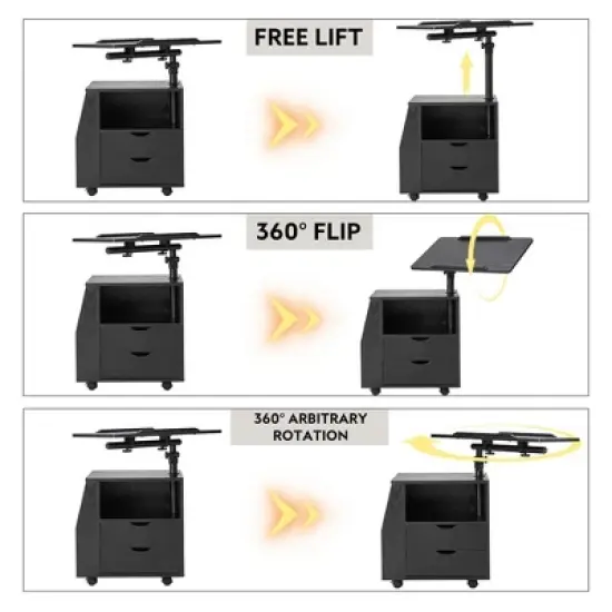 EROMMY 360 Degree Swivel Top Adjustable Height Bedside Nightstand End Table with Storage Drawers, Shelves, Lockable Wheels, and Computer Baffle, Black image {2}