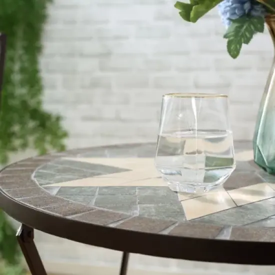 Outsunny 3 Piece Patio Bistro Set, Metal Folding Chairs, Foldable Outdoor Dining Table, Stone Mosaic Pattern for Decor, Poolside, Porch, Coffee image {5}