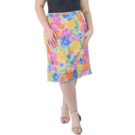 Plus Size Sheer Overlay Colorful Floral Elastic Waist Knee Length Skirt image {4}