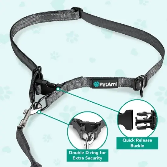 PetAmi Heavy Duty Hands-Free Waist Leash for Dog Walking Jogging Hiking, Bungee Belt with Padded Dual Handle for All Size Pet up to 150 lbs image {2}