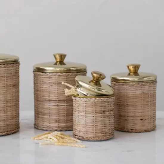 Storied Home Rattan Wrapped Stainless Steel Canisters, Set of 4, Brass Finish image {2}