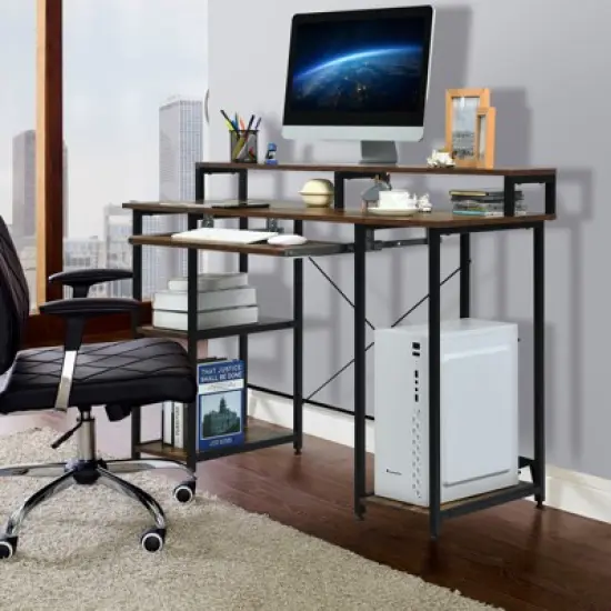 Tangkula Computer Desk Home Office Workstation w/Book Shelves for Working Studying Gaming, Rustic Brown image {2}
