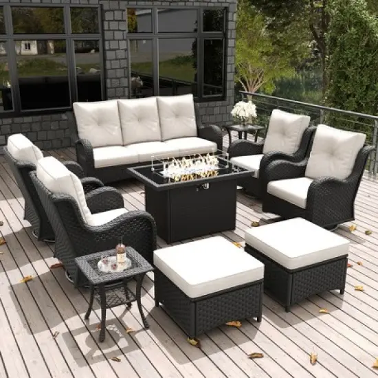LayinSun Outdoor Patio Furniture Set, Black Rattan Wicker Sectional Swivel Rocker Chairs Sets with Ottomans, Swivel Glider Chair image {8}