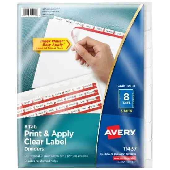 Avery 8 Tab Dividers for 3 Ring Binder, Easy Print & Apply Clear Label Strip, Index Maker Customizable White Tabs, 5 Sets (11437) image {8}