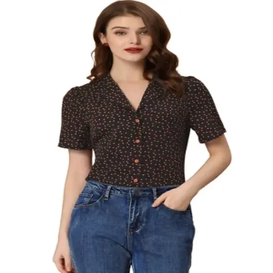 Allegra K Women's Heart-Shaped Polka Dots V Neck Short Sleeve Button Down Vintage Blouse image {6}
