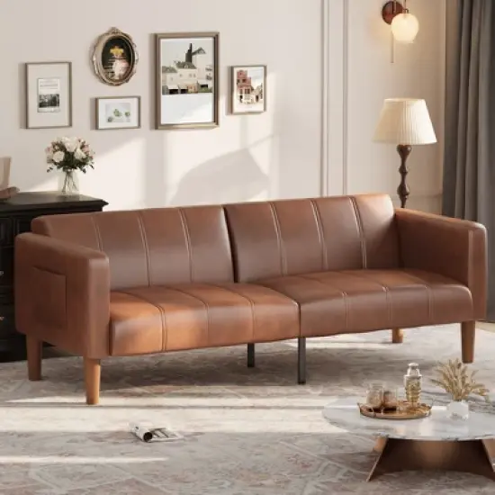 Coucheta 75" PU Leather Futon Sofa Bed, Convertible Loveseat, Adjustable Backrest, Side Pockets, Space-Saving Sleeper Sofa for Small Spaces, Brown image {8}