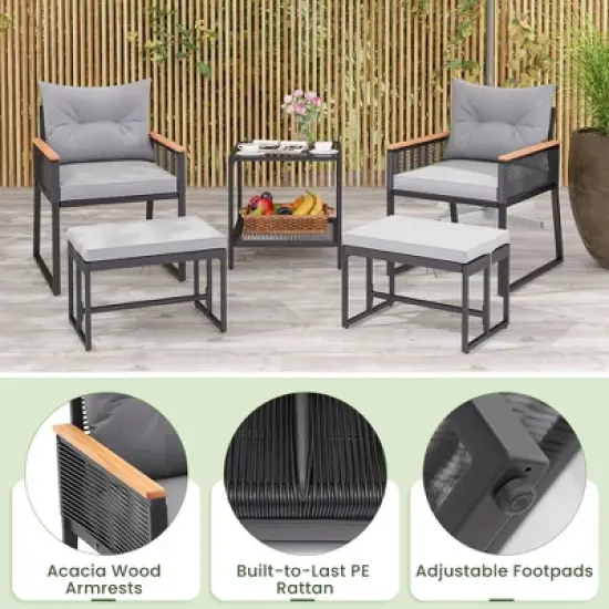 Costway 5 Piece Outdoor Conversation Set Rattan Armchairs with 2-Layer Side Table image {8}