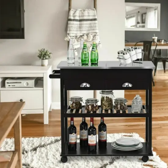 Costway Rolling Kitchen Island Trolley Cart Stainless Steel Flip Tabletop W/ Drawer Brown image {2}