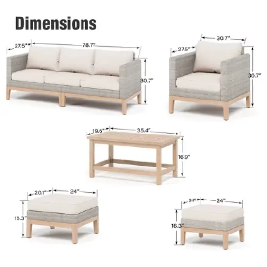 Captiva Designs 5pc outdoor patio wicker rattan cushioned conversation set with armchairs, ottomans and solid wood table image {1}