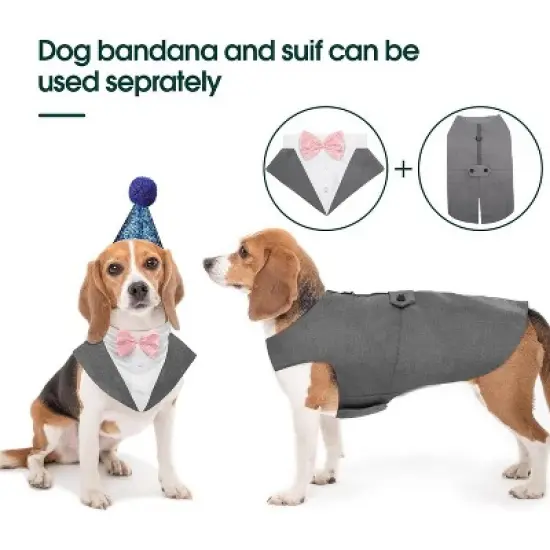 Kuoser Dog Tuxedo Dog Suit and Bandana Set, Dogs Tuxedo Wedding Party Suit, Dog Prince Wedding Bow Tie Shirt Formal Dog Wedding Attire, Gray - Small image {2}