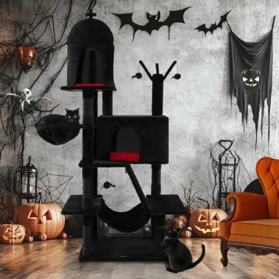 Tangkula Gothic Cat Tree for Indoor Cats Black Large Cat Tower w/ 2 Cat Condos image {1}