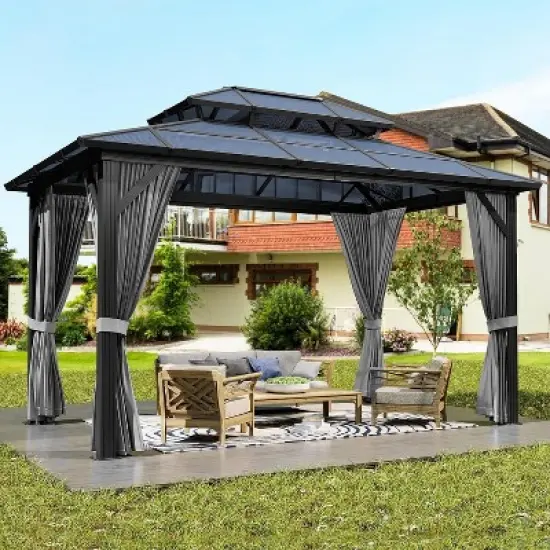 Hardtop Gazebo with Double Polycarbonate Roof &ndash; Aluminum Frame, UV Protection & Mesh Curtains for Patio, Garden, Backyard image {7}