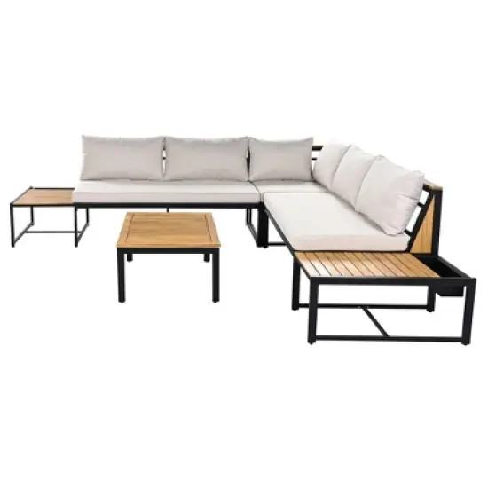 4-Piece Outdoor Patio Iron Sectional Sofa Set with Coffee Table and Side Storage Shelf image {7}