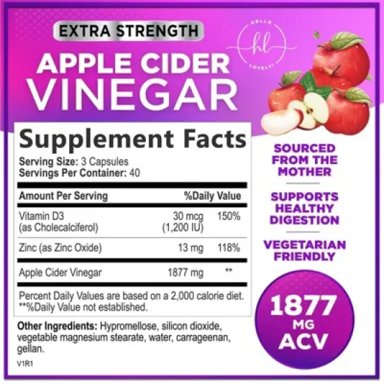 Apple Cider Vinegar Pills from the Mother - 1877mg of ACV with Vitamin D3 & Zinc, ACV Supplement for Digestion - 120 Capsules By Hello Lovely! image {1}