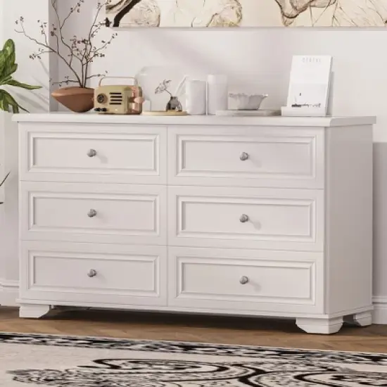 3-Pieces Bedroom Dresser Night Stand Set, 6-Drawer Dresser and 2 Nightstands with Metal Handles, Elegant Design and Retro Style,White image {9}