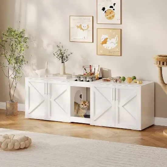 Cat Litter Box Enclosure for 2 Cats,  Wooden Litter Box Cabinet, Large Enclosed Cat Box Furniture with Storage Shelf, Soft Cushion image {9}