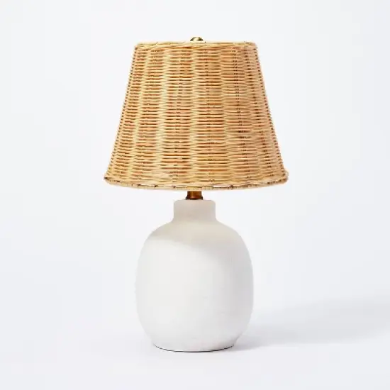 18.5"x11" Ceramic Table Lamp with Rattan Shade White - Threshold&trade; designed with Studio McGee: Nightstand Wicker Lighting image {1}