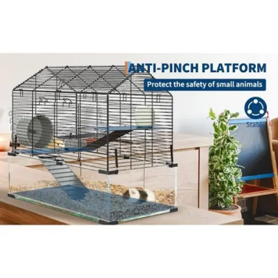 Glass Hamster Cage, 3-Tier Indoor Guinea Pig Cages, Rat Cage Accessories with Hamster Wheel, Water Bottle, Food Bowl, Small Animal Cage for 2 Rodents image {7}