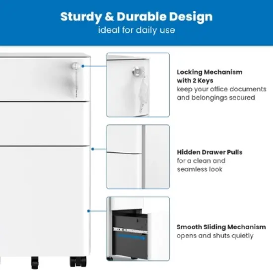 Mount-It! Mobile File Pedestal Cabinet with 3 Drawers & Lock | Slim Design Under Desk Storage & Organizer for Files, Folders & Office Supplies | White image {6}