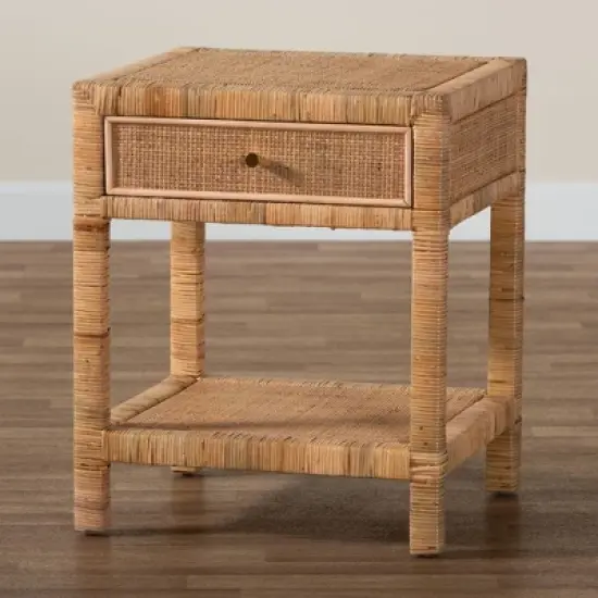 Adelia Natural Rattan & Mahogany 1 Drawer Nightstand with Shelf - Baxton Studio image {9}