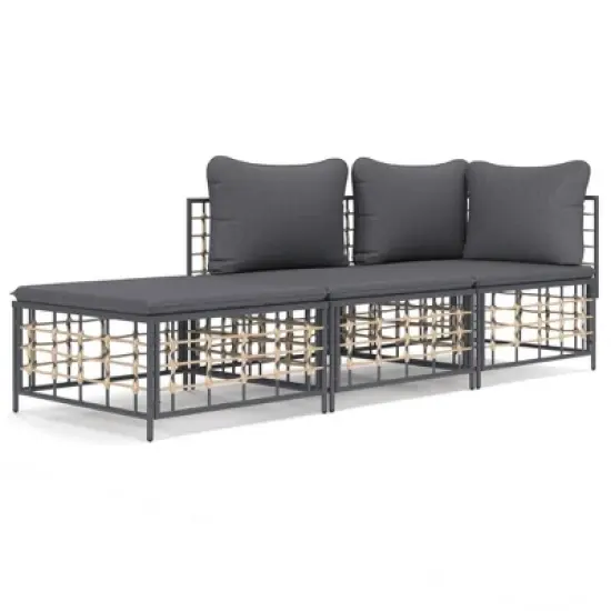 vidaXL 3 Piece Patio Lounge Set - Anthracite Poly Rattan, Weather-Resistant, with Sturdy Steel Frame, Comfortable Cushions, and Modular Design image {9}