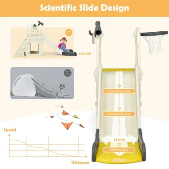 Infans 6 in 1 Toddler Large Slide for Kids with Basketball Hoop, Ring Toss, 2 in 1 Convertible Climbing Way, Freestanding Slide Climber Set, Yellow image {4}