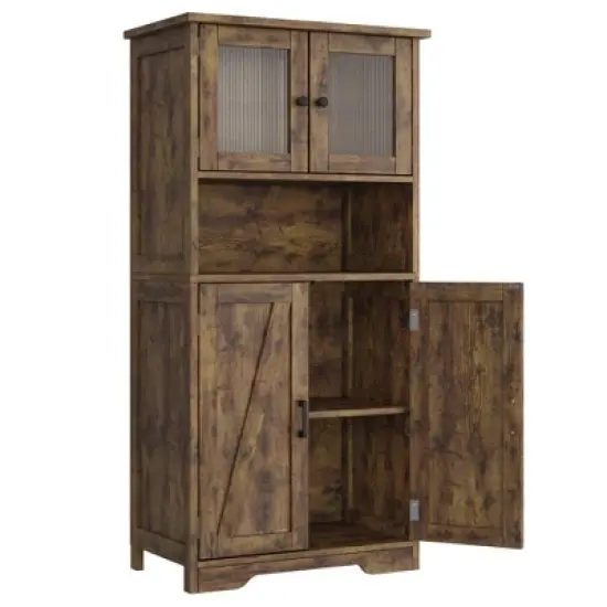 Homhougo 54in Tall Farmhouse Freestanding Kitchen Pantry Cabinet with Glass Doors and Adjustable Shelves Cupboard, Floor Cabinet Brown image {5}
