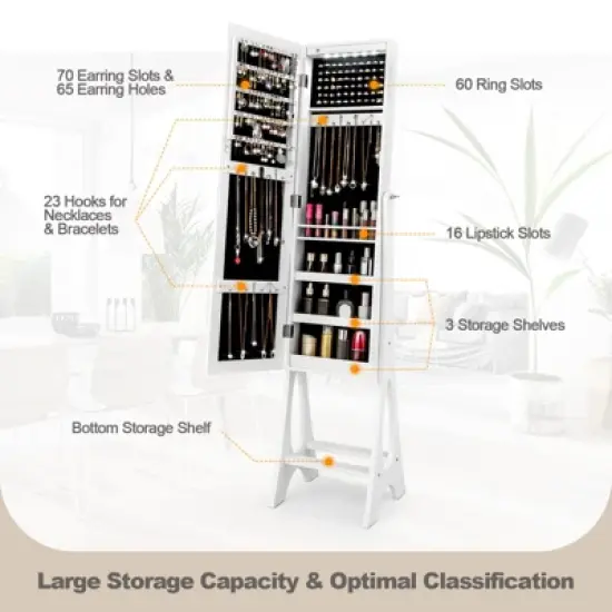 Costway LED Jewelry Cabinet Armoire with  Bevel Edge Mirror Organizer Mirrored Standing image {7}
