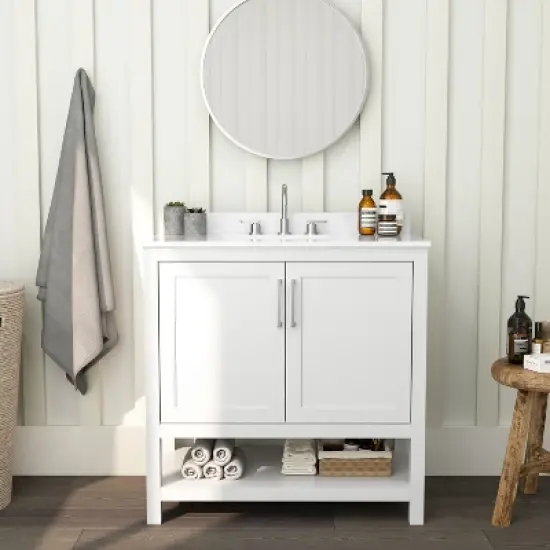Merrick Lane Bathroom Vanity with Ceramic Sink, Carrara Marble Finish Countertop, Storage Cabinet with Soft Close Doors and Open Shelf image {1}